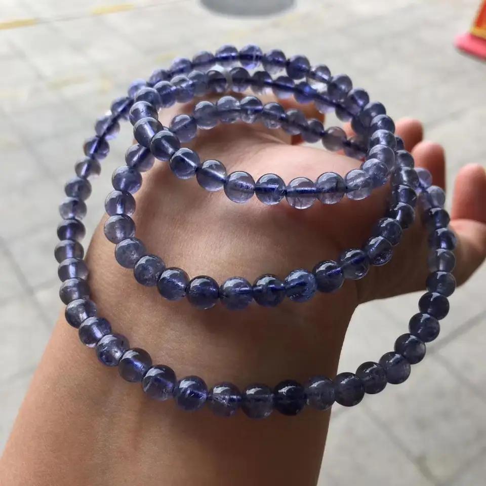 Genuine Natural Blue Dichroite Cordierite Iolite 3 Laps Trendy Bracelet 6mm Women Crystal Bead AAAAA