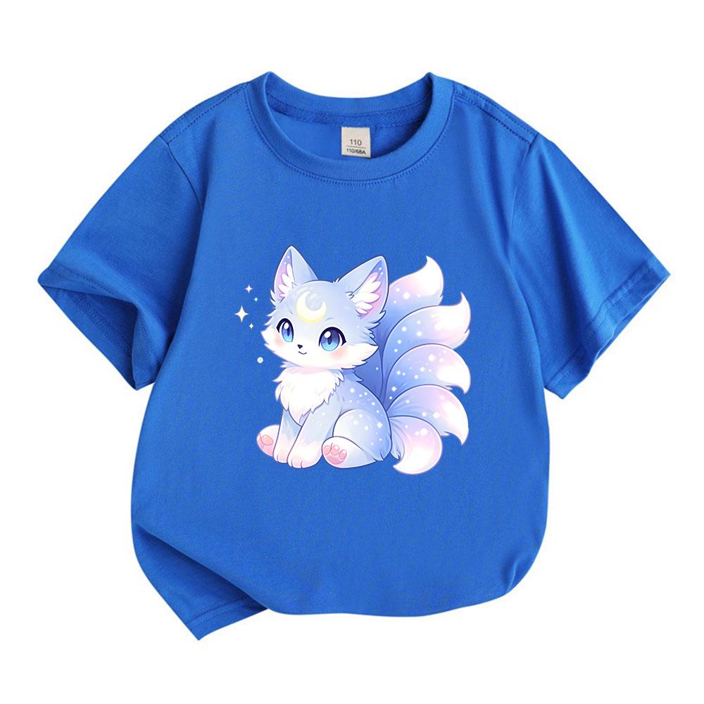 Kids Boys Girls 100% Cotton Crew Neck Short Sleeve T-Shirt, Cute Glowing Crescent Moon Star Fox Print Soft Casual Tee for Children Daily Wear