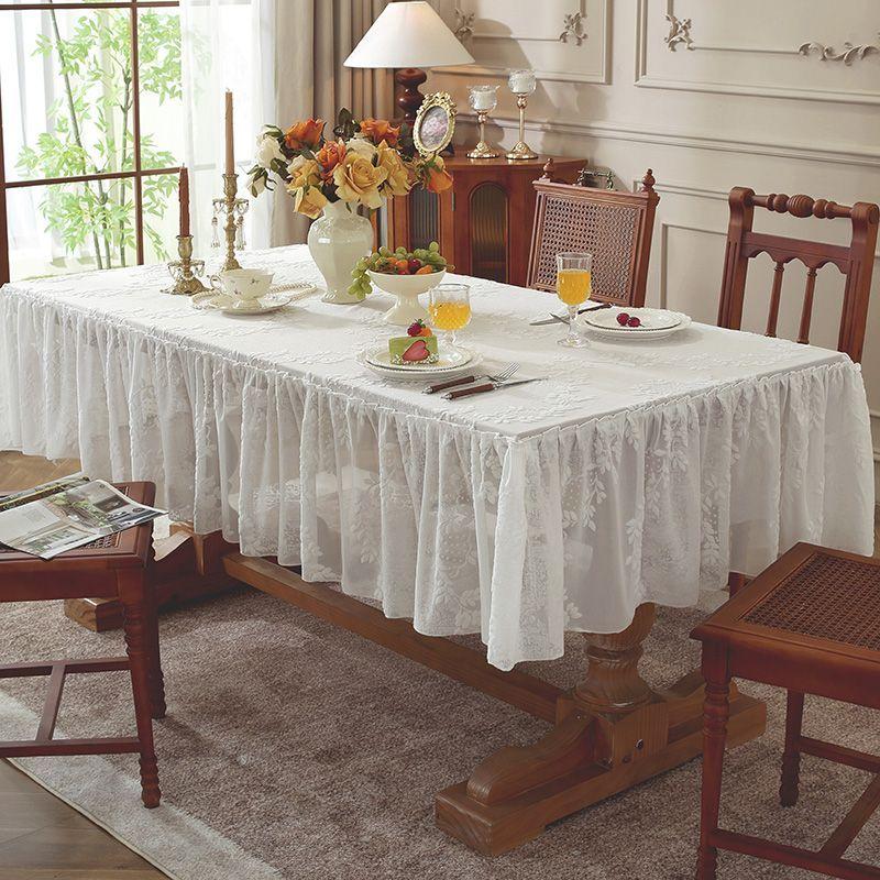 White Romantic Small Fresh Table Cloth Lace Jacquard Skirt Hem Rectangular Tablecloth Restaurant Decoration with Warm Placemats
