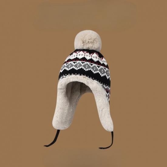 Women Knitted Bobble Hat Furry Inner Ear Flaps with Pompom Ball Winter Outdoor