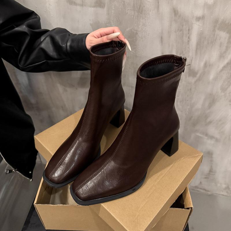 

Sheepskin version! Pointed high-heeled boots rear zipper elastic thin boots spring and autumn single boots thick heel French temperament short boots 40 коричневый