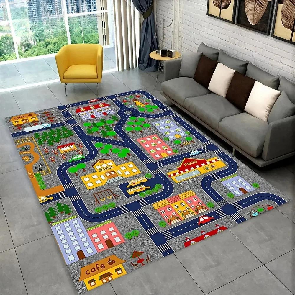 Interactive Highway City Traffic Floor Mat Large Non-Slip Carpet for Playroom Living Room Fun Rug Kids' Bedroom Play Area Decor