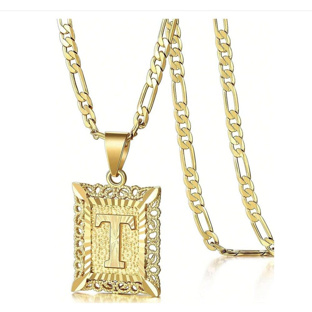 Initial Necklace Square Letter Pendant Necklace Capital Monogram Necklace Alhpabets From A-Z Figaro Chain Necklace