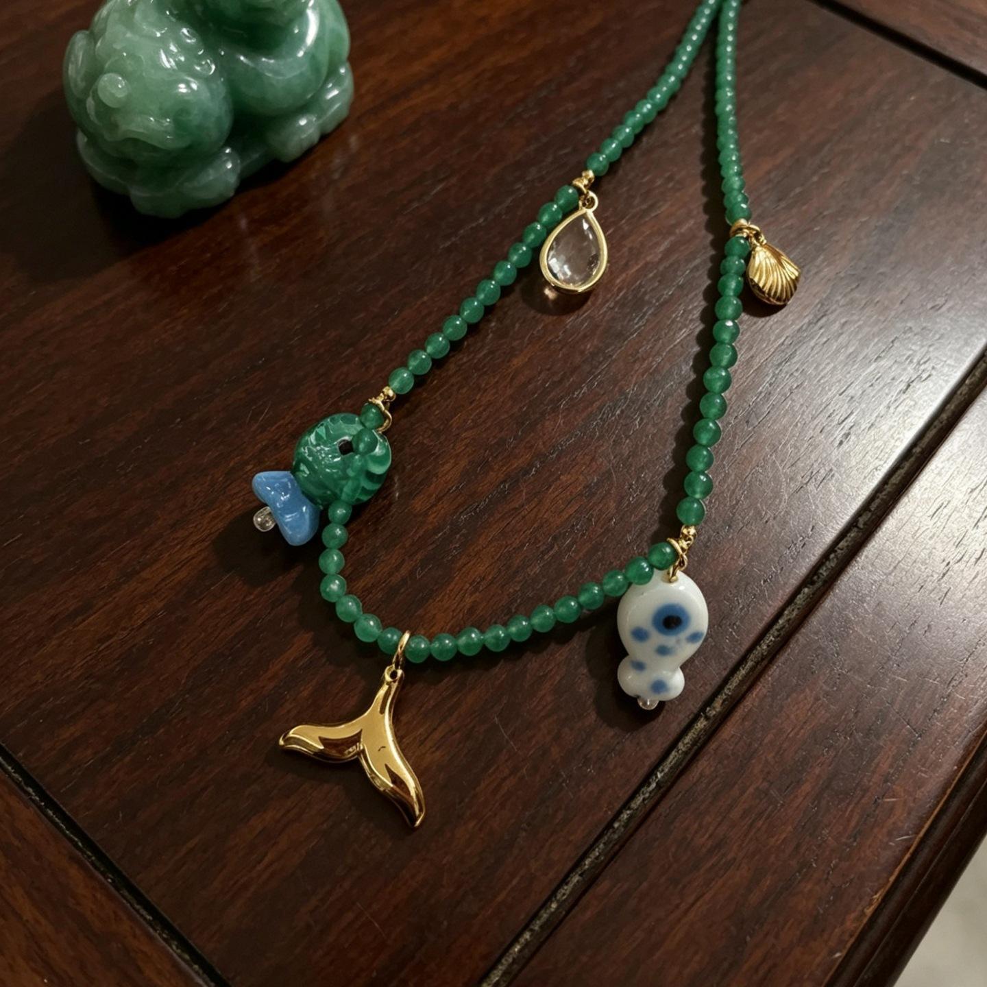 Blue Fish Pendant Necklace Luxury Green Crystal Natural Stone Beaded Clavicle Chain Bohemian