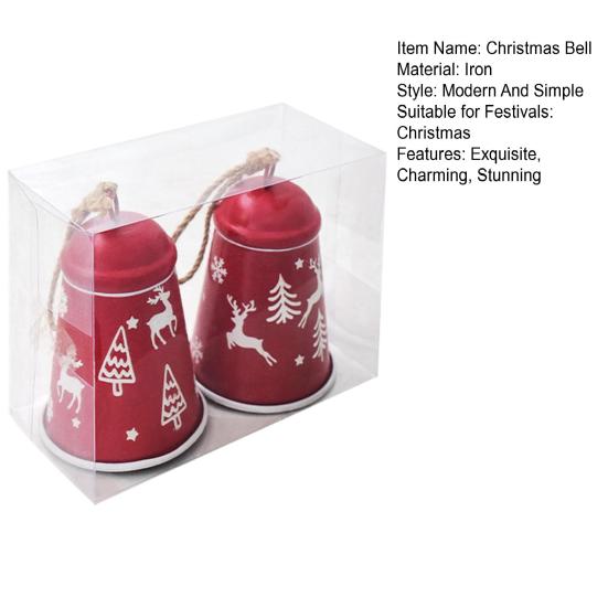 2 Pcs Red Christmas Bells Ornament Vintage Rustic Hanging Bell with Snowflake Reindeer Tree Pattern Handmade Lucky Bell for Home Tree Decor