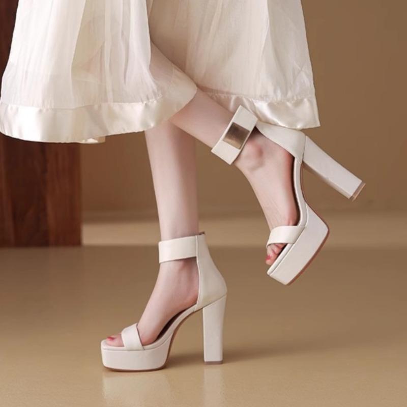 Fashion High Heel Sandals Women's Style Round Head Open Toe Metal Buckle Line with Waterproof Platform Non-slip Square Heels