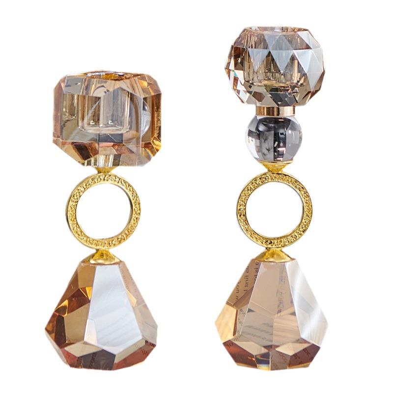 Champagne Modern Crystal Candlestick: Elegant Metal Candle Holder & Decorative Home Ornament
