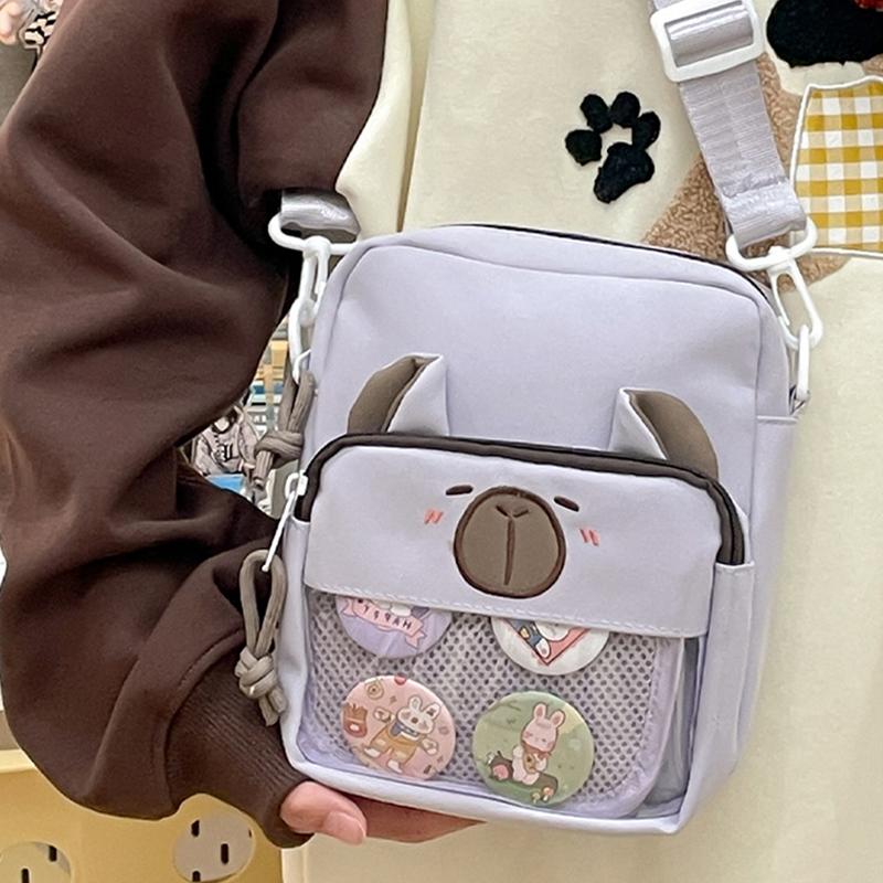 Kawaii Capybara Anime Crossbody Bag Versatile Student Casual Messenger Bag Sweet Translucent Cute Lightweight Canvas Multipurpose Shoulder Bag