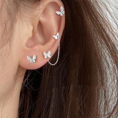1 Piece Of Women's Elegant Minimalist Double Butterfly With Chain Design Stud Earrings For Double Ear Holes