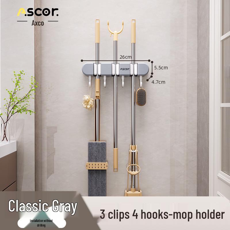 Wieszak ścienny na miotłę i mop: Rozwiązanie do zawieszania bez wiercenia na drzwiach łazienkowych lub toaletowych.
