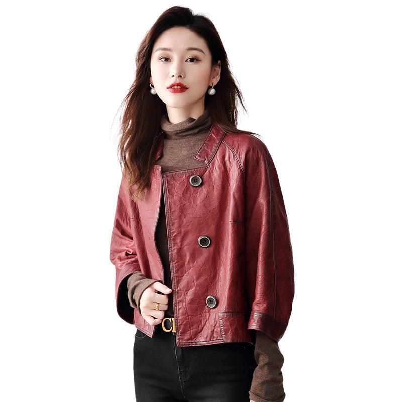 Genuine Leather Jacket Women's Short Spring and Autumn Loose Single Leather Cloak Sheepskin Retro Series Jacket