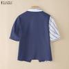 ZANZEA Women Casual Turn Down Collar Summer Short Sleeve Stripe Blouse