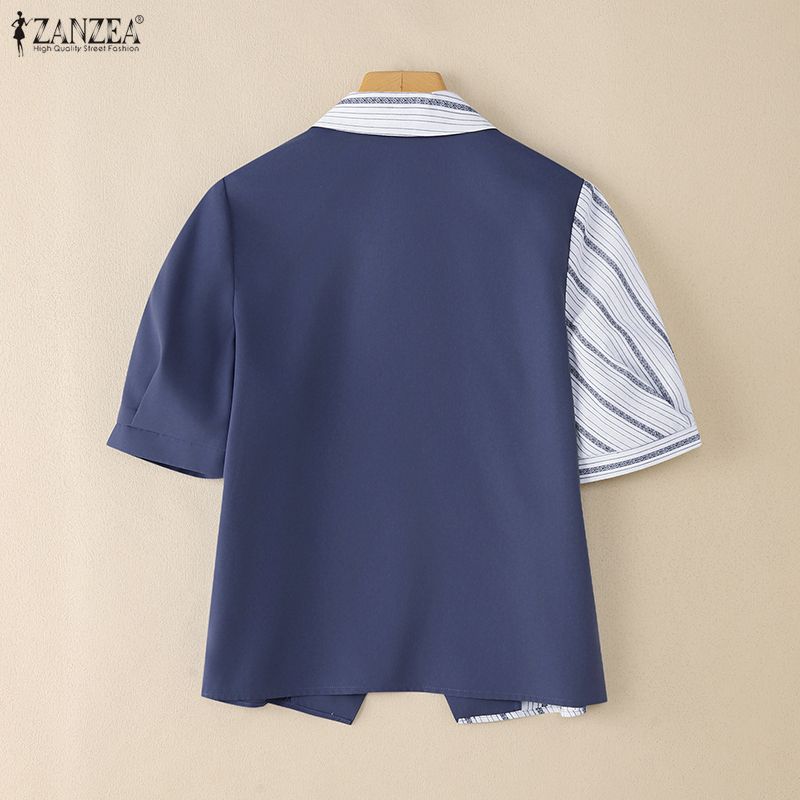 ZANZEA Women Casual Turn Down Collar Summer Short Sleeve Stripe Blouse