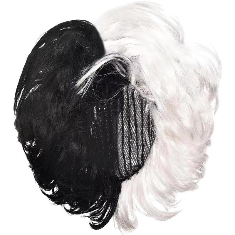 Cruella-Inspired Black & White Witch Costume Set: Shawl Cape, Dalmatian Wig, Gloves, Necklace, Party Dress.