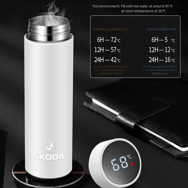 500ml Car Smart Thermos Mug Stainless Steel Insulated Water Bottle For Skoda Octavia Superb Rapid Kodiaq Karoq Fabia Kamiq Enyaq