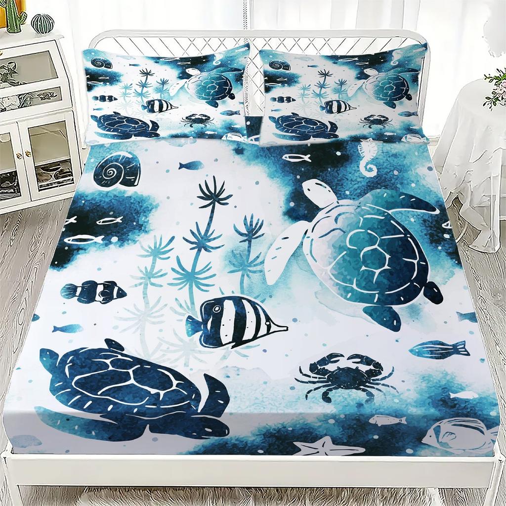Underwater Ocean Theme Bed Sheet Set Blue White Coral Turtle Seashell Print 100% Cotton Fitted Sheet Breathable for Kids Room