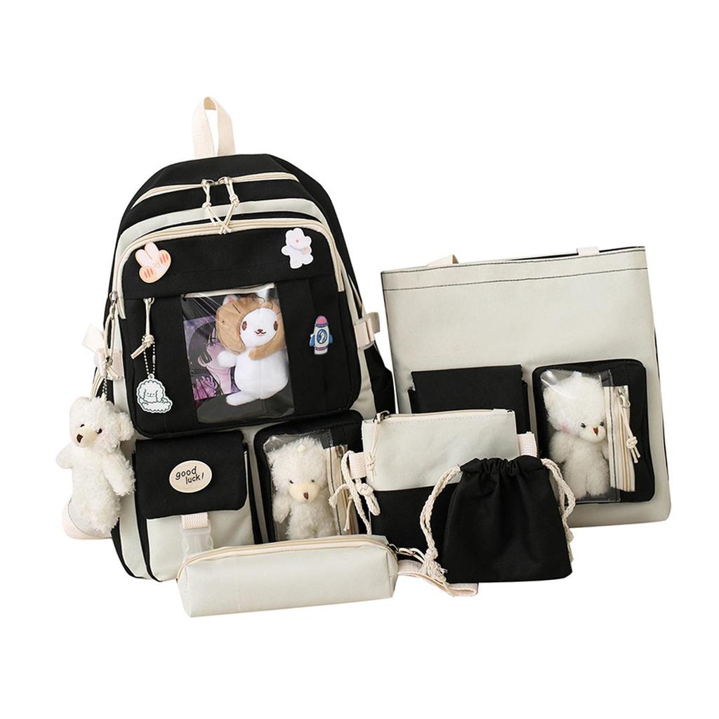 5 Pieces Cartoon Women Backpacks Schoolbag Travel Bag Durable Daypack Teenager Adjustable Shoulder Straps Multi Pocket Student