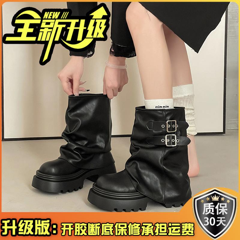 Nisje retro britisk stil spenne plattform korte Martin-støvletter dame 2025 høst og vinter nye tynne svarte lokomotivstøvletter