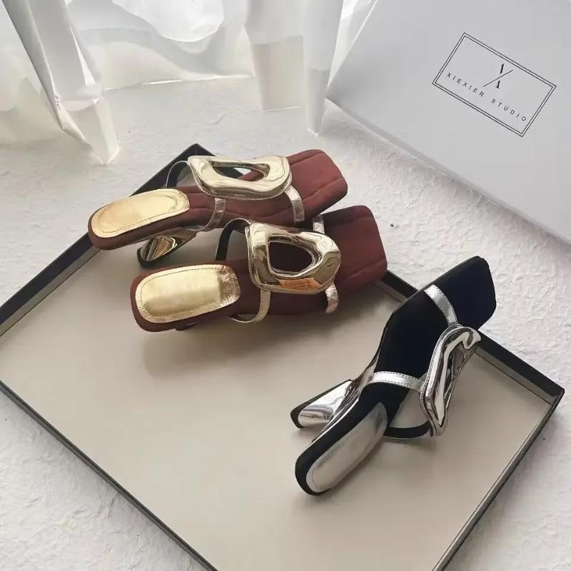 Fashion Summer 2025 Fashion Metal Buckle Sandals Women's High Heel Slip-On Open Toe Platform Sandals Rubber Sole Polyurethane Material