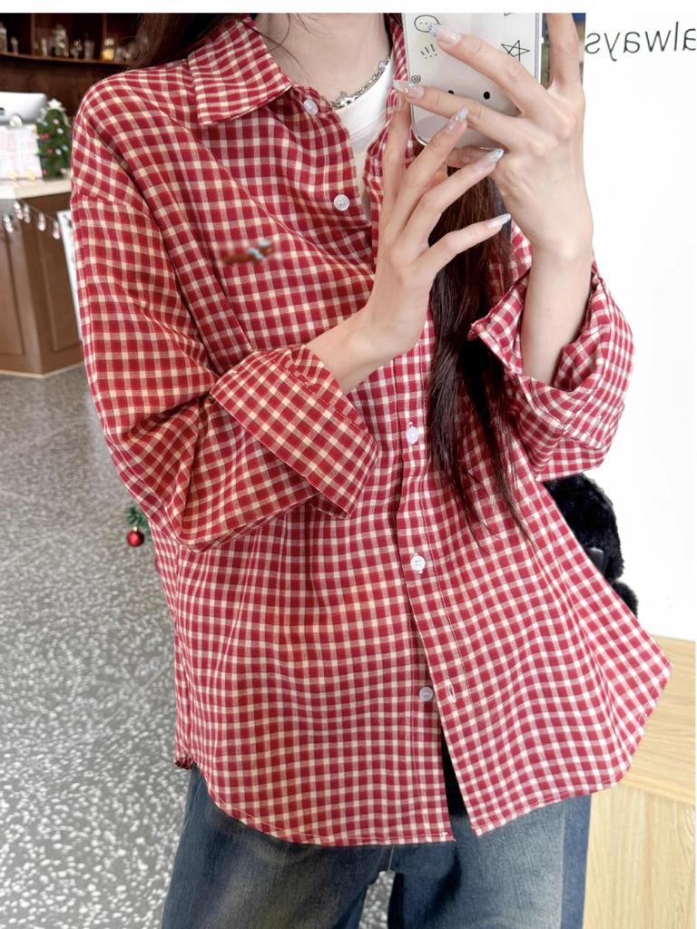 Women's Red Embroidered Plaid Shirt Jacket - Spring 2025 Small Size Casual Fashion