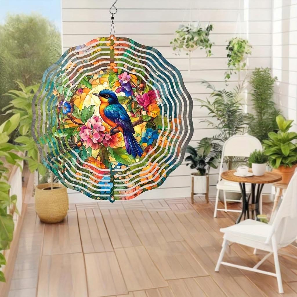 Vibrant Hummingbird & Floral 3D Stainless Steel Wind Spinner - 19.99cm Colorful Metal Sculpture for Indoor/Outdoor Garden Decoration, Battery-Free