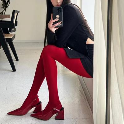 New Red Stockings Women Super Elastic See Through Lace Pantyhose Autumn Sexy Slim Elegant Burgundy Tights Winter