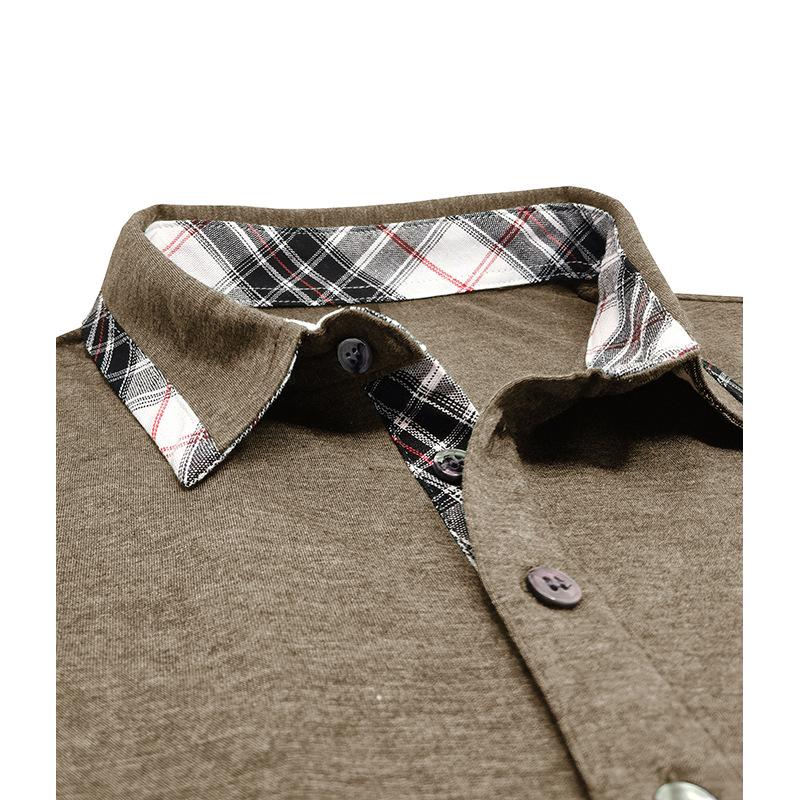 Spring Autumn Polo-neck Plaid Patchwork Loose Casual T-shirt Male Long Sleeve Tee Pullover Bottomed Top Men
