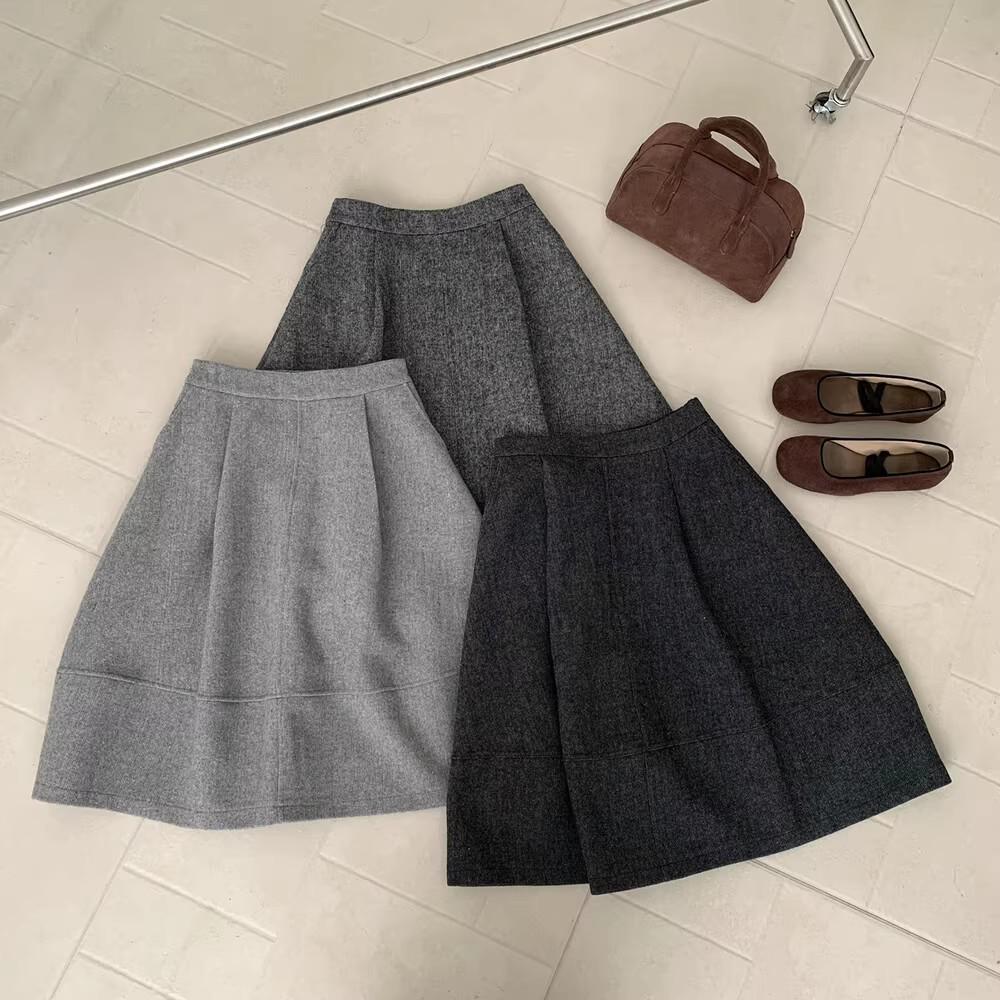 Gray Starry Sky Wool Midi Skirt: High-End Korean Style Slim-Fit A-Line