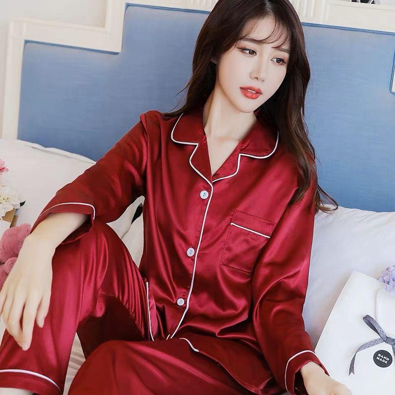 Women's Spring Sweet Ins Ice Silk Pajamas - Long-Sleeved Thin Cardigan Simulation Silk Home Service