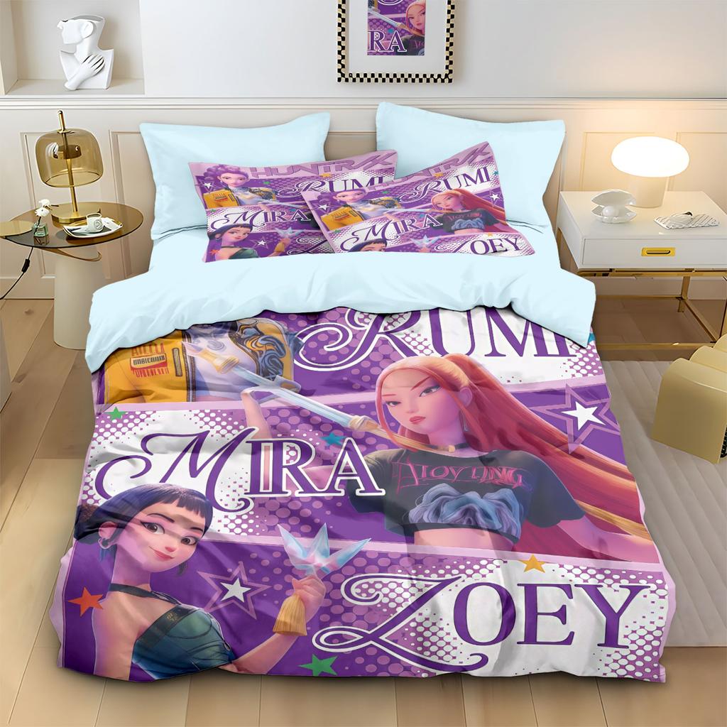 3pc Cartoon K-Pop Demon Hunters Girl Group Print Coreless Duvet Cover Set Multi Size Bedroom Dormitory Soft and Machine Washable
