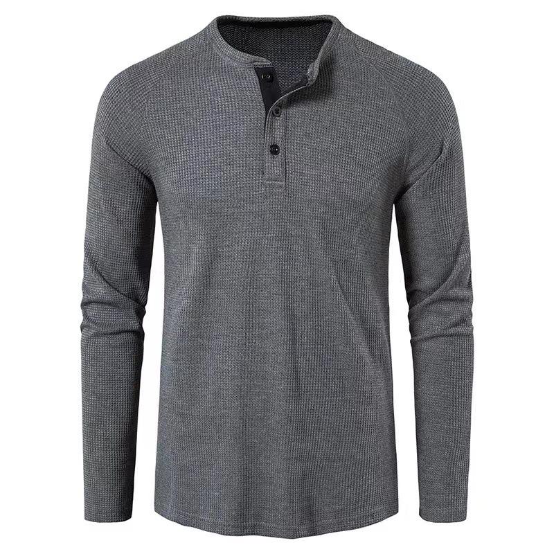 Men's Solid Color Long-Sleeve Henley Shirt - European & American Autumn/Winter Collection