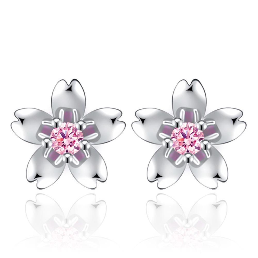Guochao Peach Blossom Rose Flower Earrings with Pink Diamond-Plated Silver Studs for Women
