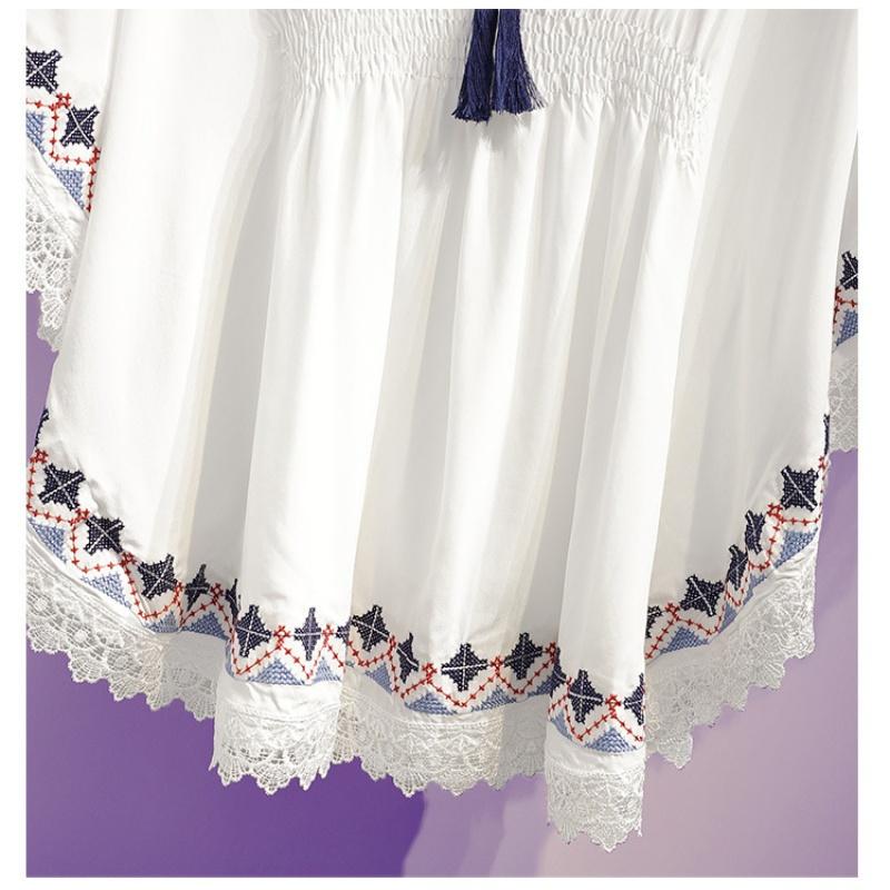 Women Summer Tees Retro Style Embroidery Blouses Cloak Top Loose Cotton Lace Hem Bat Sleeve Kimono Shirts Blusa Feminina