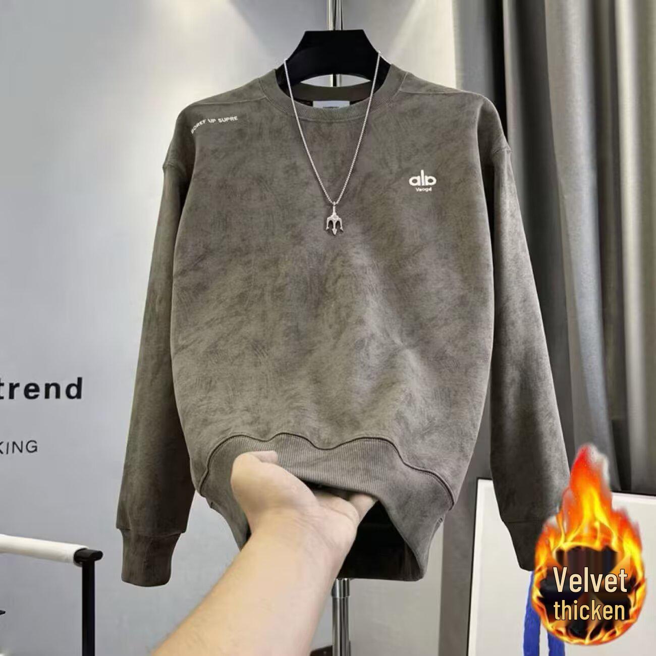 

2025 Men s Autumn Round Neck Hoodie - Velvet Long Sleeve T-shirt for Inner Wear M