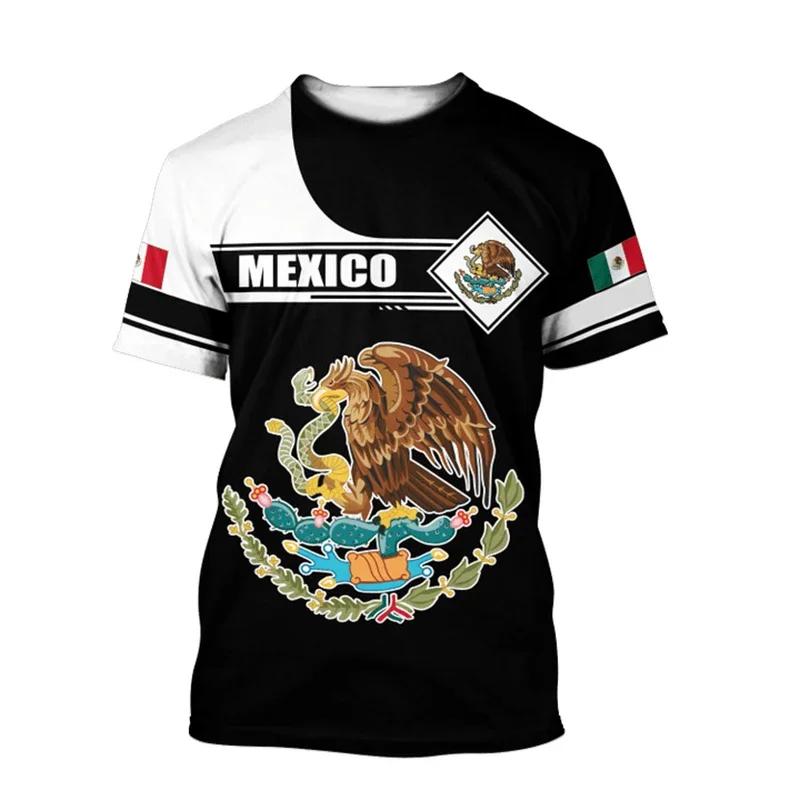 Mexican Flag National Emblem 3D Printed T-shirts Street Wear Oversized Round Neck Short-sleeved Men's T-shirts