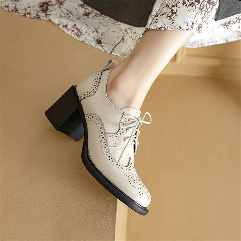 Fashion New Spring Genuine Leather Women Shoes Round Toe Women Pumps Shoes for Women Zapatos Mujer Brogue Designs Lace Up High Heels