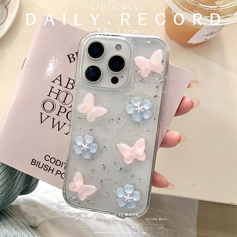 

Three-dimensional butterfly flower silver foil mobile phone case for Iphone17Pro silver foil Apple 16 transparent 14 women s soft iPhone 7/8/SE 2020