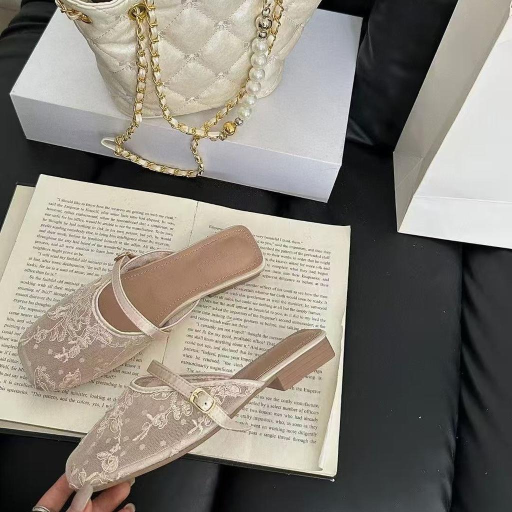 2025 Spring and Autumn New Fashion Versatile French Mesh Fairy Xiaoxiangfeng Women's Shoes Lace Stiletto Small Square