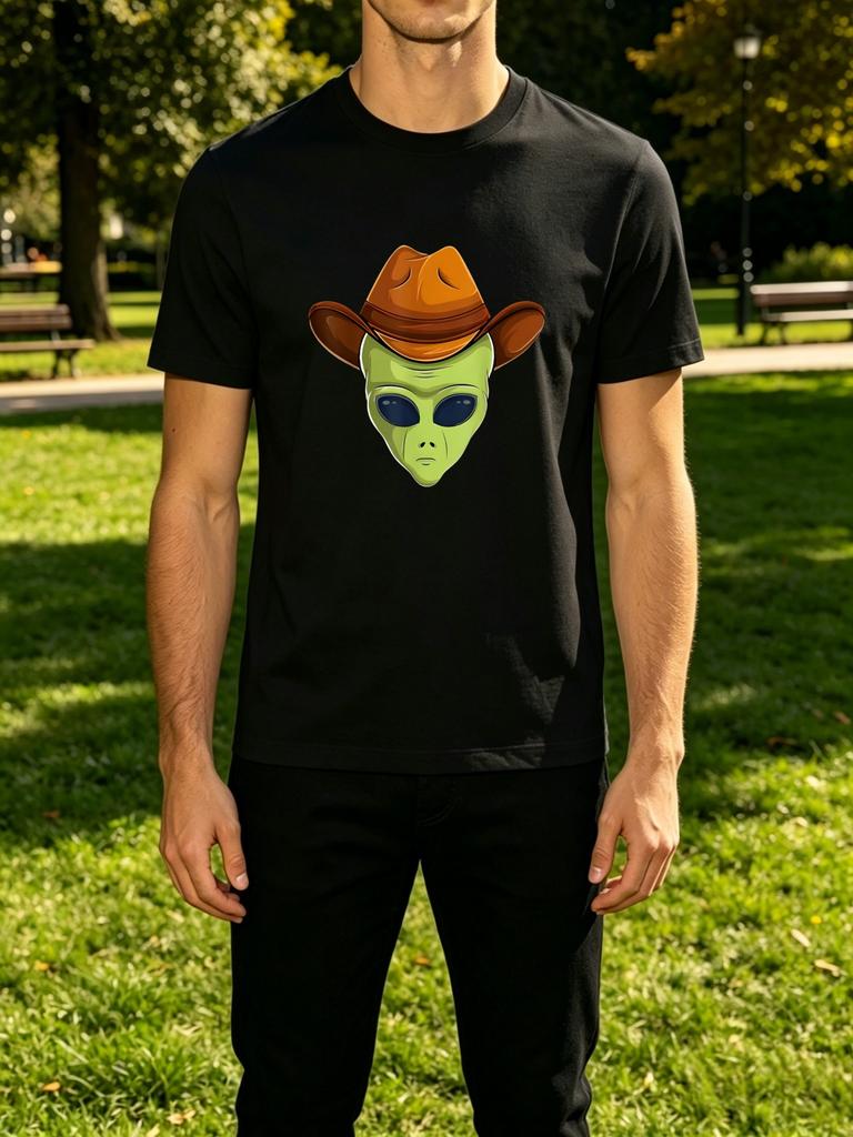 Cowboy Hat Wearing Green Alien Head Funny Cartoon Art Graphic Unisexs Crew Neck Short Sleeve Tee Casual Daily Soft Basic Wear Top