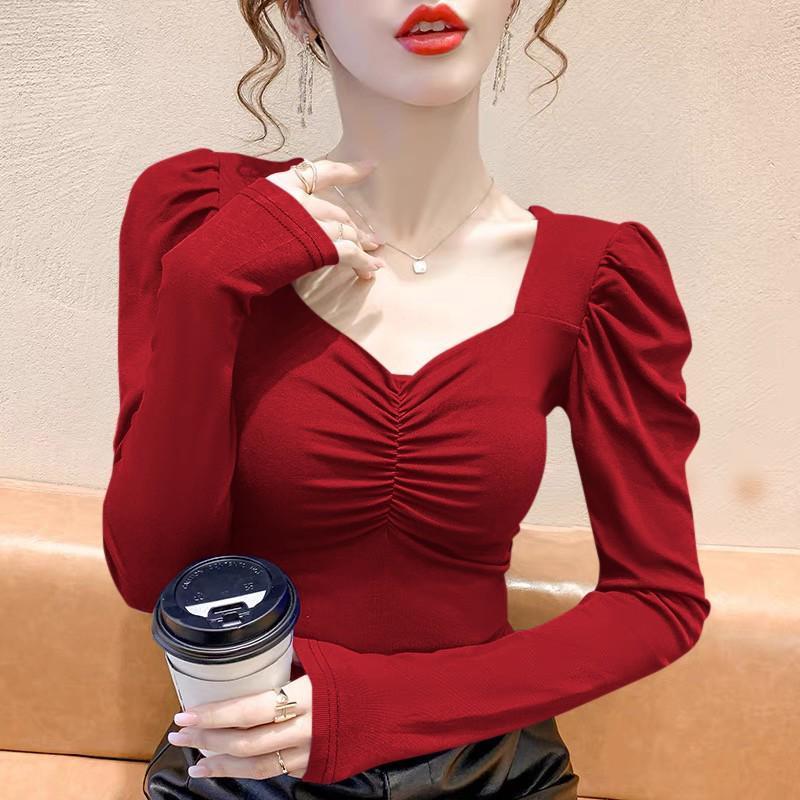 

Короткий черный топ с квадратным вырезом и рукавами-фонариками для женщин - шикарная футболка с длинными рукавами во французском стиле на осень Large