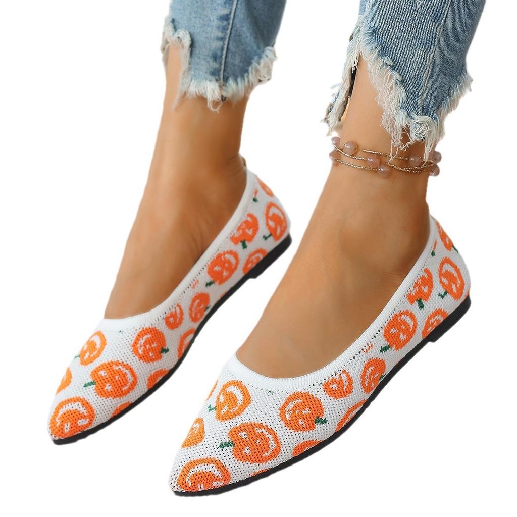 Halloween pumpkin women's shoes shallow mouth pointed head fly knitting one pedal single shoes