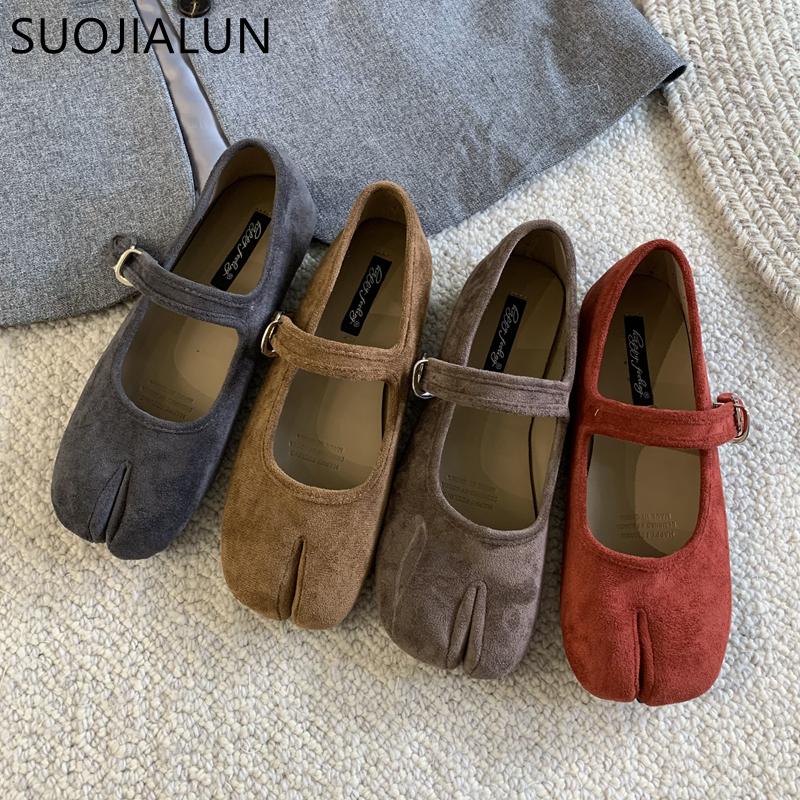 Fashion SUOJIALUN Autumn Women Flat Shoes Fashion Split Toe Slip On Loafer Shoes Flat Heel Soft Leather Casual Outdoor Shallow Ballerina