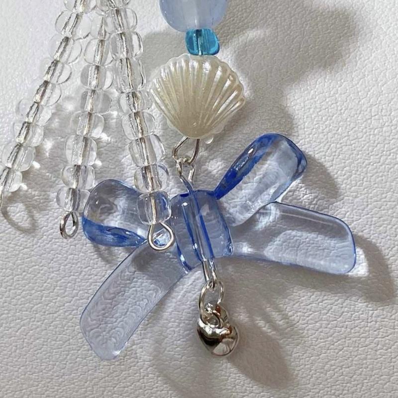 Y2K Phone Charm Blue Bow Star Keychain Beaded Pendant Kawaii Keychain Anti-Lost Bag Chain Cute Accessory for Girls Women Jewelry