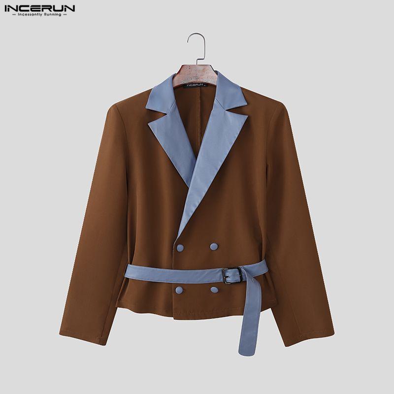 INCERUN Two Piece Suit Men Stitching Lapel Long Sleeve Thin Blazer Long Pants Casual Outfits Sets