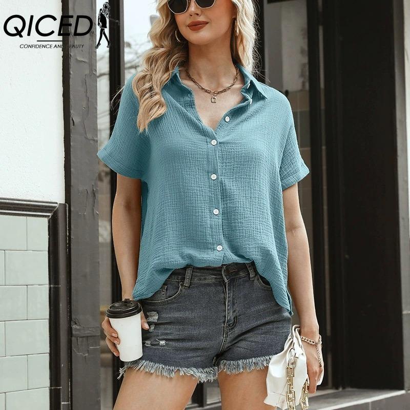 QICED Dámská móda Ležérní jednobarevný potisk Halenky a košile POLO s krátkým rukávem a výstřihem