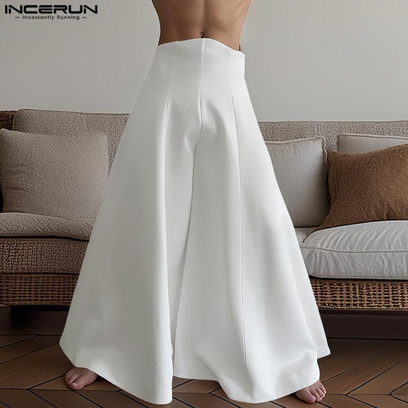 INCERUN Men Zipper Up Asymmetry High Waist Casual Long Wide Legs Pants Trousers