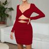 Autumn and Winter Women's V-neck Hollow Pleated Dress