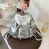 Sweet Women Daily School Bag Large Capacity Silver PU Daypack Korean Drawstring Backpack  Outdoor