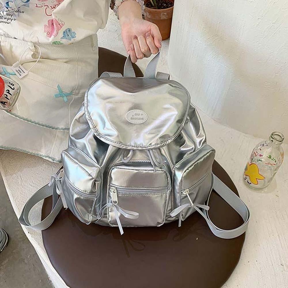 Sweet Women Daily School Bag Large Capacity Silver PU Daypack Korean Drawstring Backpack  Outdoor