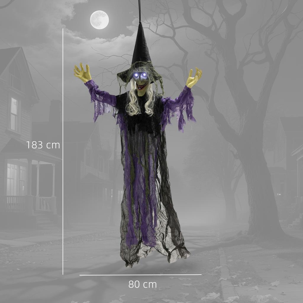 183cm Halloween Decoration Hanging Halloween Witch with LED Lights, Sound Function, Adjustable Arms, Mouth